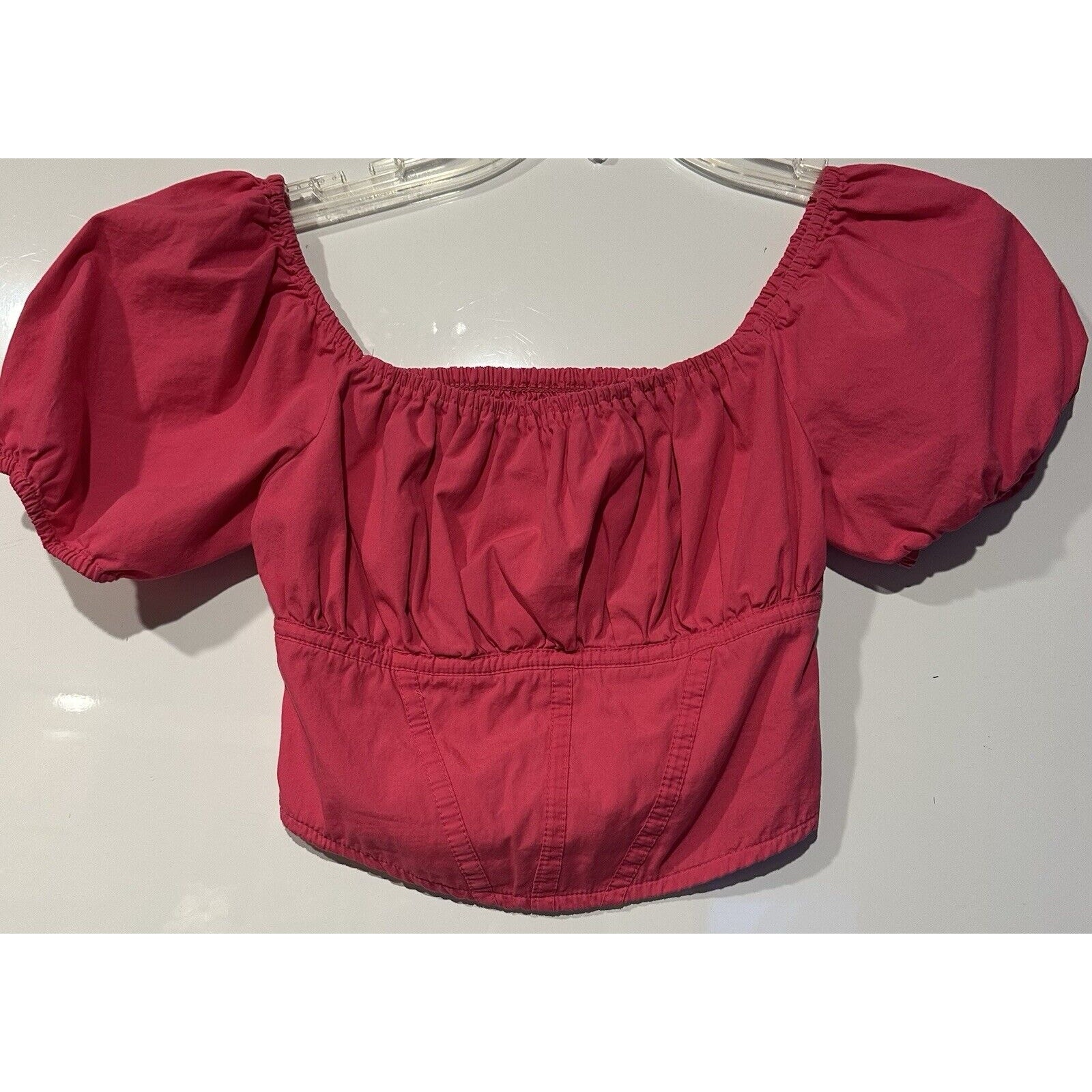 Japna Smocked Crop Top Xsmall Hot Pink Puff Sleeve On/Off Shoulder